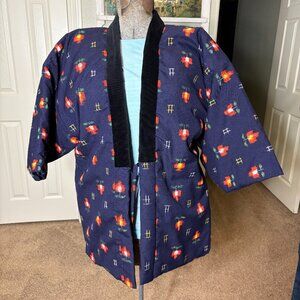 Japanese Haori Quilted Jacket, Blue with Whimsical Flowers